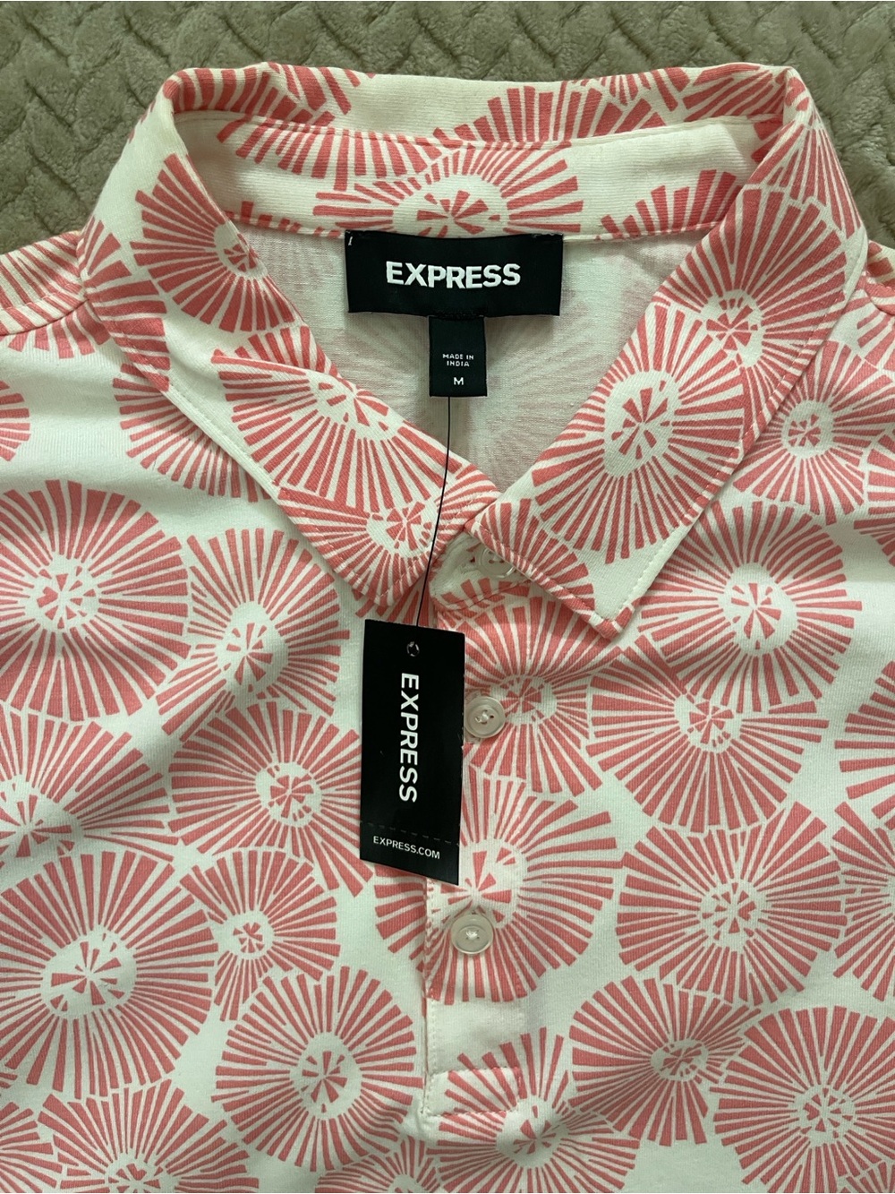 Express Men’s White Button-Down Shirt with Pink Radial Print